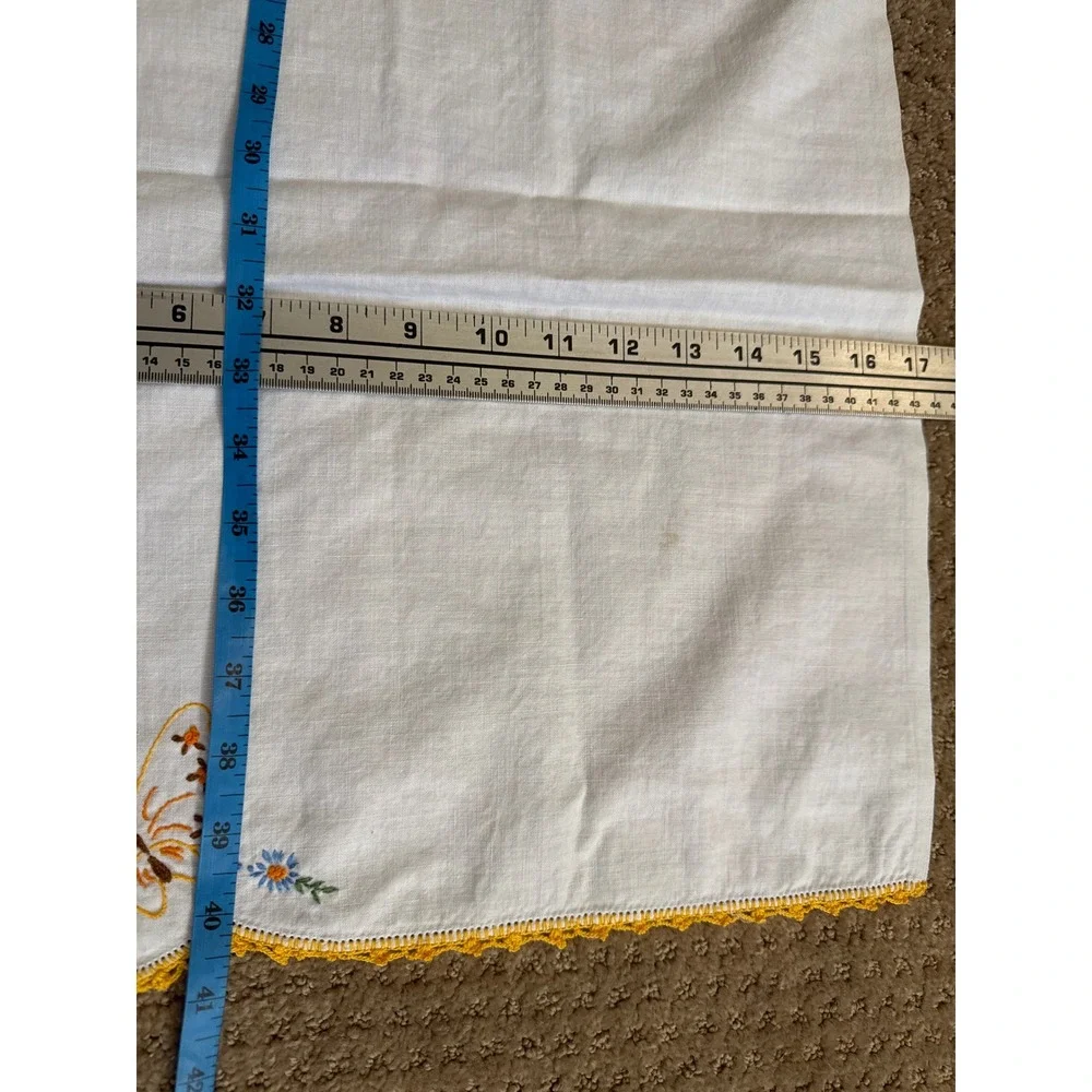 Vintage Hand Embroidered Butterfly Linen Table Runner Yellow Crochet Lace 42x17